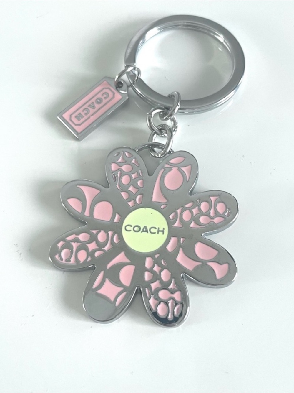 COACH Pink Flower Logo Key Ring with Silver Hardware